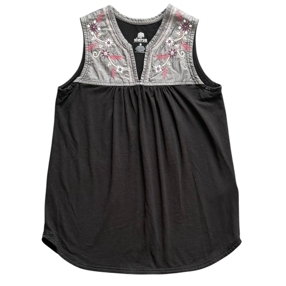 Sherpa Tank Top Womens S Black Sam Embroidered Split Neck Cotton Modal Tank